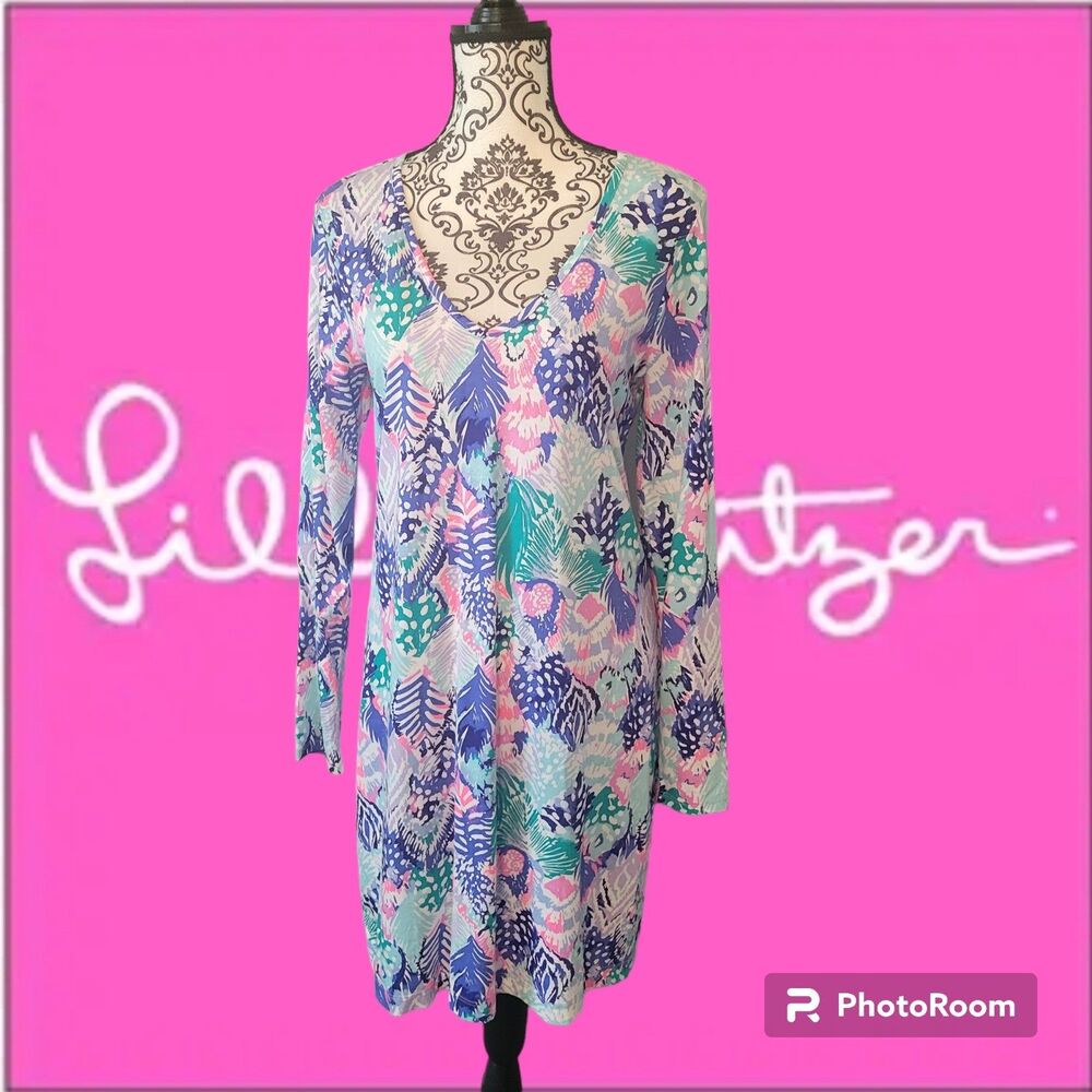Lilly Pulitzer Marlowe Boatneck Dress M In The Vibe Blue Purple Palm Leaf